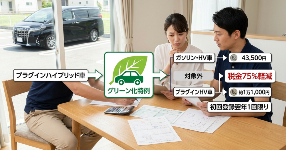 グリーン化特例とプラグインハイブリッド車で税金が75%軽減される