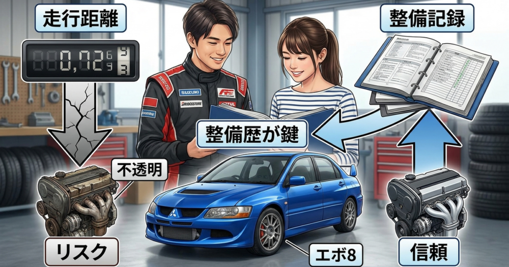 エボ8の中古車を探すとき、走行距離より重視すべき整備履歴
